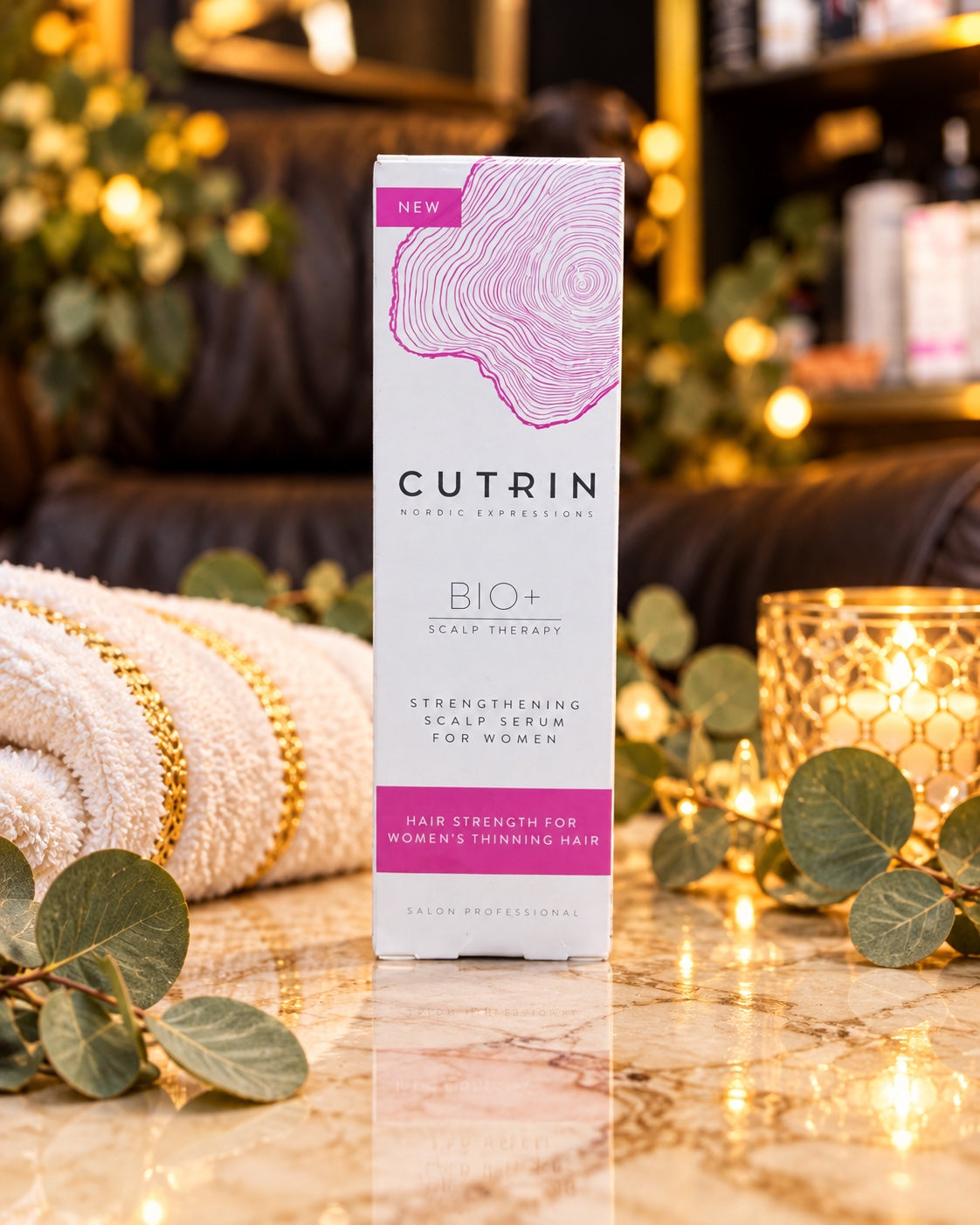 Cutrin Bio+ Strengthening Scalp Serum for Women on a marble surface