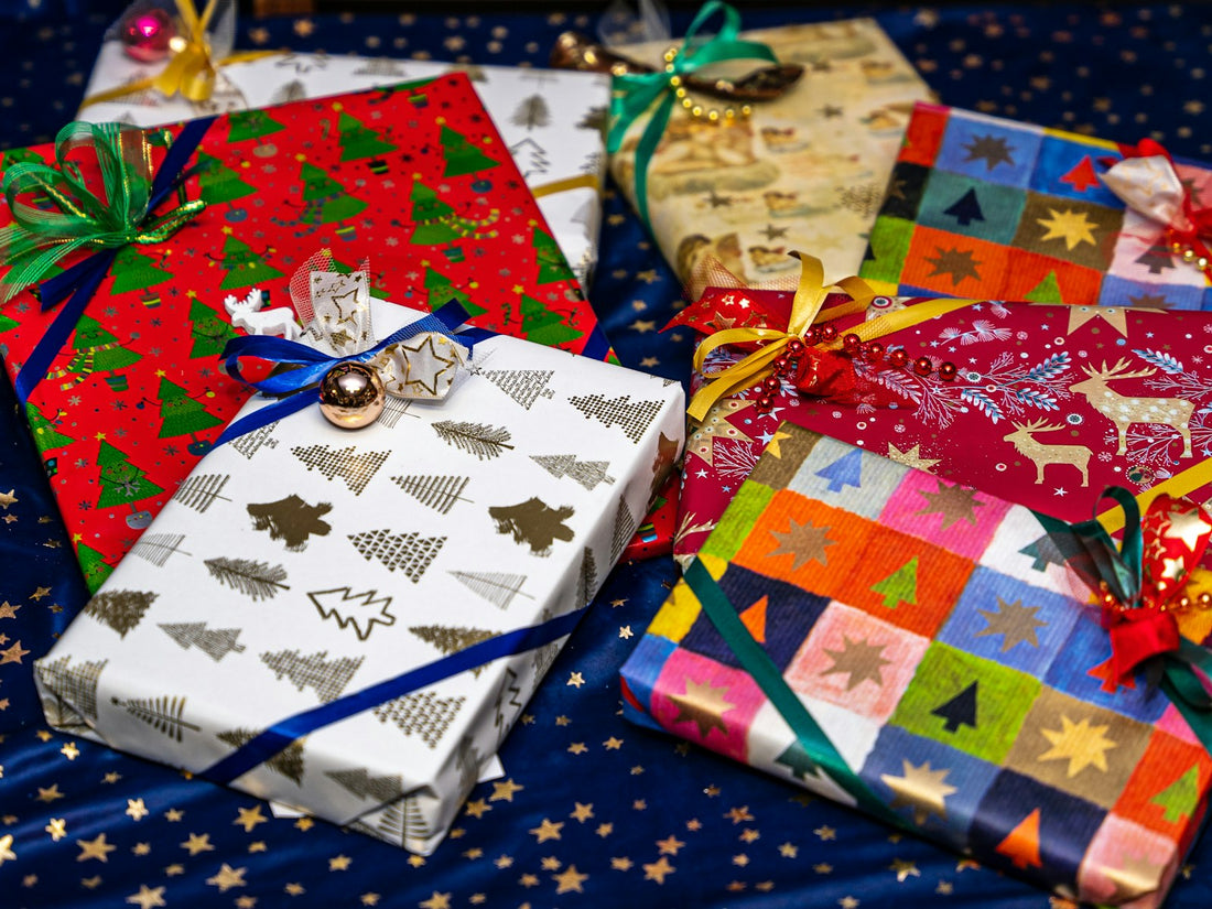 Wrapped Christmas presents arranged on a table